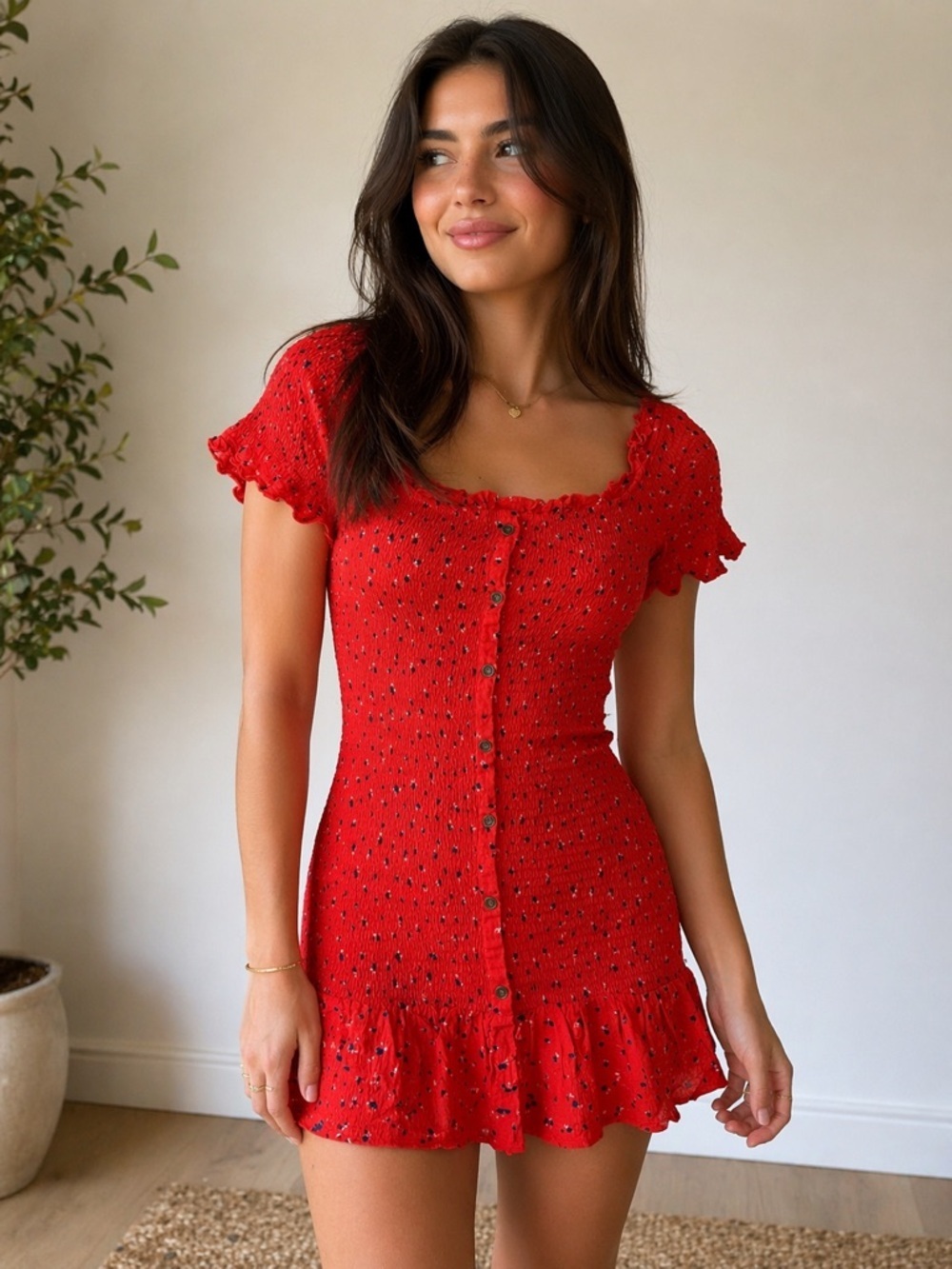 Coco + Jaimeson Red Smocked Ditsy Floral Mini Dress Coastal Cowgirl L